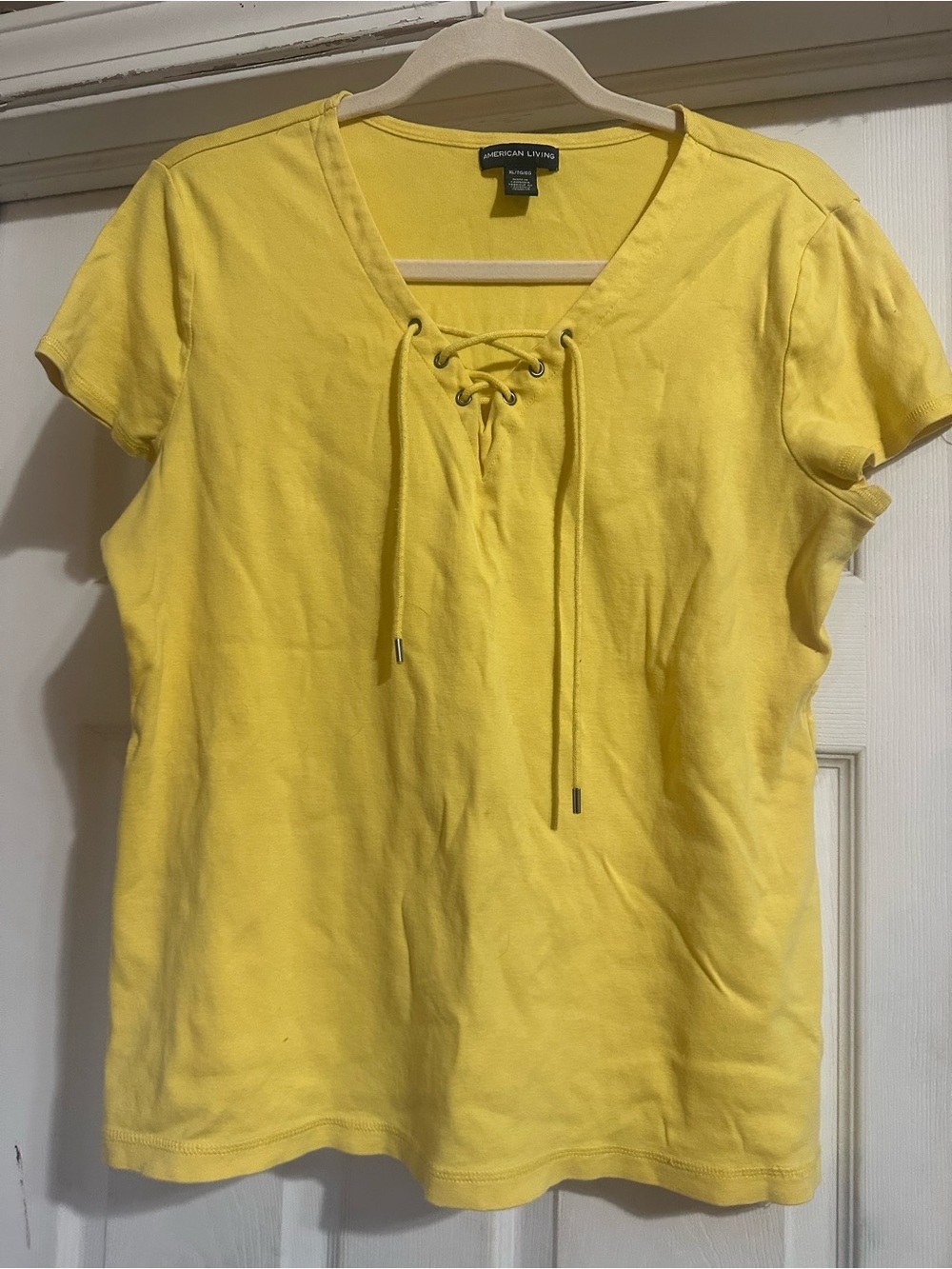 American Living Yellow Lace-Up V-Neck Short Sleeve Tee